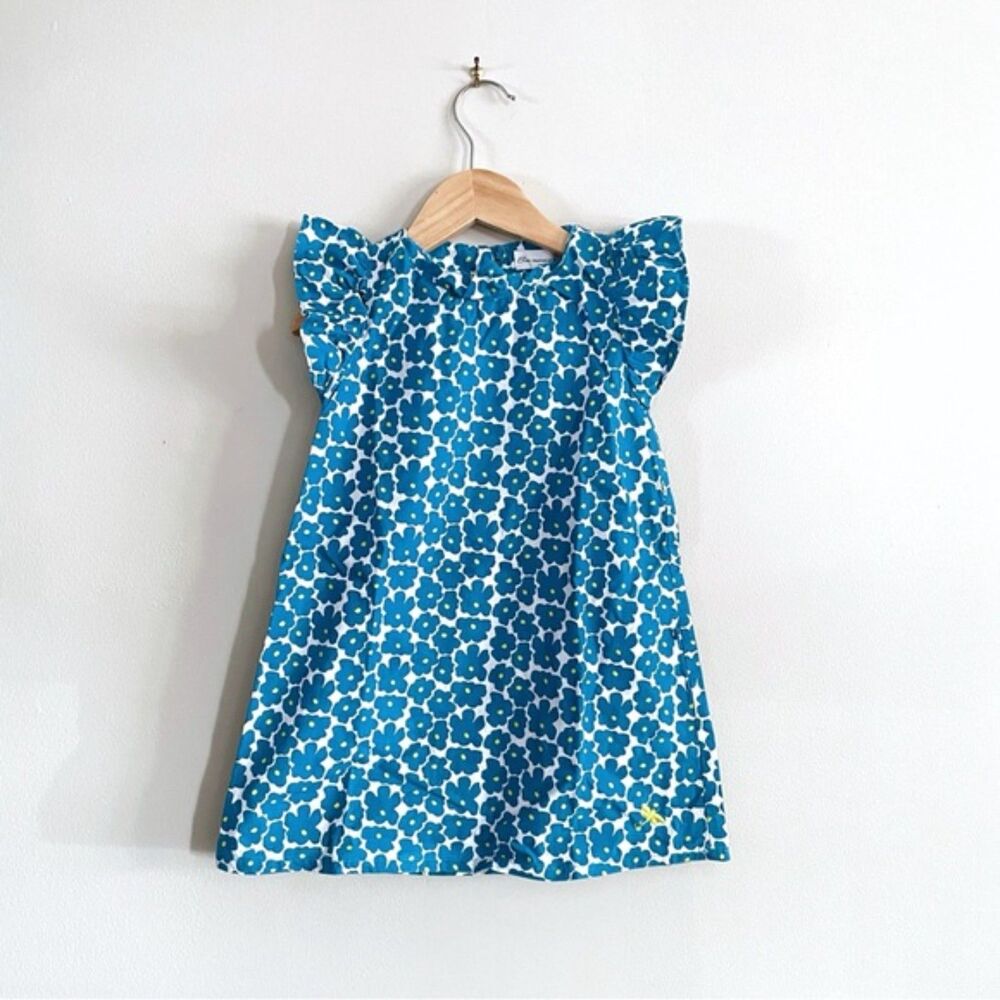 Bleu Comme Gris Paris Girls Dress Size 2 Blue Floral Cotton Ruffle Sleeve EUC